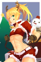 Rule 34 | 1girl, :q, antlers, bandeau, bell, belt, breasts, christmas, covered erect nipples, fake antlers, fate/apocrypha, fate/grand order, fate (series), fur trim, gloves, green eyes, highres, horns, i-pan, jacket, midriff, mordred (fate), mordred (fate/apocrypha), navel, nipples, ponytail, reindeer antlers, reins, santa costume, scrunchie, short shorts, shorts, small breasts, snowman, solo, strapless, tongue, tongue out, tube top