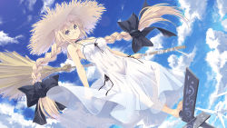 Rule 34 | 1girl, bare shoulders, barefoot, black bow, blonde hair, bow, braid, choker, day, dress, glasses, hair bow, hat, highres, long hair, looking at viewer, original, outdoors, purple eyes, satomi (black scarecrow), solo, standing, standing on one leg, sun hat, twin braids, twintails, white dress, wind turbine, windmill