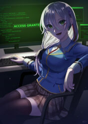 Rule 34 | 1girl, absurdres, arm rest, backlighting, blazer, chair, collared shirt, computer, glasses, green eyes, grey hair, hacking, heaven burns red, highres, izumi yuki (heaven burns red), jacket, keyboard (computer), long hair, looking at viewer, low ponytail, monitor, nil (pixiv 53614557), on chair, open mouth, plaid, plaid skirt, red-framed eyewear, round eyewear, shirt, sitting, skirt, smile, solo, thighhighs