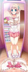 Rule 34 | absurdres, akaza, animal slippers, blonde hair, blue eyes, blush, bookshelf, grabbing another&#039;s breast, breasts squeezed together, breasts, bunny slippers, change! ano musume ni natte kunkun peropero, female pov, grabbing, highres, kinumura ui, large breasts, may-be soft, mirror, open mouth, pink hair, pov, pov breasts, reflection, skirt, slippers, standing, twintails