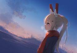 Rule 34 | 1girl, absurdres, alternate costume, ayanami (azur lane), azur lane, backlighting, black coat, casual, cloud, cloudy sky, coat, commentary request, contemporary, female focus, from side, hair between eyes, hair ornament, hairclip, headgear, highres, horizon, long hair, long sleeves, looking away, looking up, ocean, orange eyes, outdoors, penguin (dx19291005), ponytail, red scarf, retrofit (azur lane), scarf, sidelocks, silver hair, sky, smile, solo, twilight