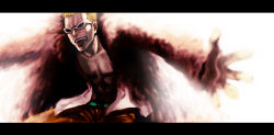Rule 34 | 1boy, bad id, bad pixiv id, belt, blonde hair, donquixote doflamingo, feather boa, iduhara, letterboxed, male focus, muscular, one piece, outstretched arms, pink theme, short hair, shorts, smile, solo, spread arms, sunglasses, tongue, tongue out