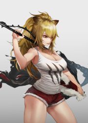 Rule 34 | 1girl, 981519, absurdres, animal ears, arknights, blonde hair, breasts, brown eyes, choker, cleavage, contrapposto, cowboy shot, cutoffs, gradient background, highres, jacket, unworn jacket, large breasts, long hair, nail polish, over shoulder, parted lips, ponytail, short shorts, shorts, sidelocks, siege (arknights), simple background, solo, tank top, thighs, weapon, weapon over shoulder