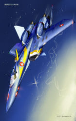Rule 34 | absurdres, aircraft, airplane, asterozoa, character name, cloud, copyright name, fighter jet, highres, jet, logo, macross, macross plus, mecha, military, military vehicle, night, night sky, no humans, robot, roundel, sky, solo, variable fighter, vehicle focus, yf-21