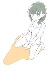 Rule 34 | 1girl, absurdres, bad id, bad twitter id, barefoot, between legs, black hair, blunt bangs, blush, bra strap, braid, breasts, cleavage, closed mouth, donguri suzume, dutch angle, green eyes, hair over shoulder, hand between legs, highres, long hair, looking at viewer, medium breasts, pale color, shadow, short sleeves, simple background, sitting, solo, wariza, white background