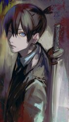Rule 34 | 1boy, 510 gotoudayo, black hair, black jacket, blue eyes, chainsaw man, closed mouth, collared shirt, expressionless, formal, from side, hair between eyes, hayakawa aki, highres, jacket, katana, looking at viewer, male focus, portrait, shirt, short hair, solo, suit, sword, weapon