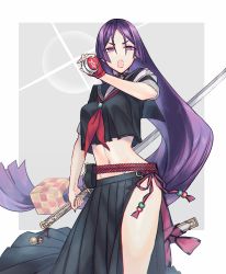 Rule 34 | 1girl, armband, black shirt, black skirt, breasts, commentary request, crop top, delinquent, fate/grand order, fate (series), fingerless gloves, glint, gloves, grey background, hair ornament, hand up, holding, holding sword, holding weapon, katagiri (mighty swing), katana, long hair, looking at viewer, low-tied long hair, medium breasts, minamoto no raikou (fate), minamoto no raikou (fate/grand order), minamoto no raikou (swimsuit lancer) (fate), minamoto no raikou (swimsuit lancer) (second ascension) (fate), neckerchief, neckwear between breasts, pleated skirt, purple eyes, purple hair, red gloves, red neckerchief, sailor collar, sailor shirt, school uniform, serafuku, shirt, short sleeves, side slit, simple background, single glove, skirt, solo, sukeban, sukeban deka, sword, very long hair, weapon