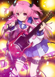 Rule 34 | 10s, 1girl, angel beats!, ankle lace-up, bad id, bad pixiv id, cross-laced footwear, demon tail, guitar, instrument, kippu, long hair, microphone, pink eyes, pink hair, school uniform, serafuku, short twintails, solo, tail, thigh strap, twintails, two side up, yui (angel beats!)