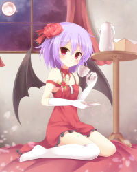 Rule 34 | 1girl, aibumi, alternate costume, bad id, bad pixiv id, bat wings, box, bra strap, choker, cup, curtains, dress, elbow gloves, female focus, flower, full moon, gloves, hair flower, hair ornament, highres, kneehighs, light purple hair, looking at viewer, moon, night, night sky, off shoulder, on floor, pen-zin, red eyes, red flower, red moon, red rose, remilia scarlet, rose, saucer, short hair, single thighhigh, sitting, sky, smile, socks, solo, sundress, table, teacup, teapot, thighhighs, touhou, wariza, window, wings