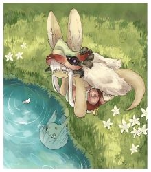 Rule 34 | 1other, ambiguous gender, animal ears, bad id, bad twitter id, bob cut, different reflection, flower, furry, kawasemi27, kneeling, looking away, made in abyss, nanachi (made in abyss), nanachi (made in abyss) (human), outdoors, parted lips, petals, petals on liquid, reflection, ripples, solo, tail, water, whiskers, white hair, yellow eyes