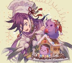 Rule 34 | 1boy, banzoin hakka, bird, bird nest, blue eyes, chef hat, christmas, colored skin, commentary, english commentary, fang, food, fruit, gingerbread house, hakkito (banzoin hakka), happy, hat, hat feather, highres, holostars, holostars english, konoha kairi, long hair, looking at another, male focus, multicolored hair, open mouth, ponytail, purple hair, purple scarf, santa hat, scarf, simple background, solo, strawberry, streaked hair, upper body, white hair, yellow background