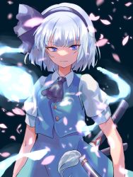 Rule 34 | 1girl, absurdres, ascot, black ascot, black background, black hairband, blue eyes, blue skirt, blue vest, breasts, buttons, closed mouth, collar, collared shirt, female focus, ghost, ghost print, hairband, highres, konpaku youmu, konpaku youmu (ghost), light, looking to the side, medium breasts, merukoodo, petals, puffy short sleeves, puffy sleeves, shirt, short hair, short sleeves, silver hair, simple background, skirt, solo, touhou, vest, white shirt