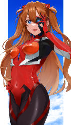 Rule 34 | 1girl, :d, absurdres, blue eyes, blue sky, bodysuit, breasts, cloud, cloudy sky, commentary, covered navel, cowboy shot, curvy, cyan 328, evangelion: 3.0 you can (not) redo, eyepatch, hair ornament, hand on own hip, highres, long hair, looking at viewer, medium breasts, neon genesis evangelion, open mouth, outside border, pilot suit, plugsuit, rebuild of evangelion, red bodysuit, simple background, skin tight, sky, smile, solo, souryuu asuka langley, standing, v-shaped eyebrows, wide hips