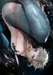 Rule 34 | androgynous, black background, blood, blue eyes, chikage (chi g0), completely nude, dagger, earrings, eyelashes, from side, gender request, highres, jewelry, knife, lips, looking at viewer, mermaid, merman, monster boy, monster girl, nude, original, silver hair, solo, submerged, upside-down, water, weapon