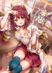 Rule 34 | 3girls, :d, alt (ctrldel), atelier (series), atelier firis, atelier sophie, blonde hair, blue thighhighs, bow, breast rest, breasts, brown eyes, cleavage, closed eyes, coat, commentary request, cup, drunk, firis mistlud, green hair, hair bow, hair ribbon, hands up, happy, head on table, highres, holding, holding cup, ilmeria von leinweber, indoors, large breasts, leaning on table, legs together, long hair, medium breasts, medium hair, multiple girls, open clothes, open coat, open mouth, ponytail, purple bow, red hair, red skirt, ribbon, skirt, smile, solo focus, sophie neuenmuller, striped clothes, striped legwear, striped thighhighs, thighhighs, thighs, vertical-striped clothes, vertical-striped legwear, vertical-striped thighhighs, white coat, white headwear, wide sleeves