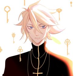 Rule 34 | 1boy, 676643396dolce, bishounen, blue eyes, cassock, cross, cross necklace, eyeshadow, fate/apocrypha, fate (series), highres, jewelry, karna (fate), key, makeup, male focus, necklace, portrait, red eyeshadow, solo, white hair