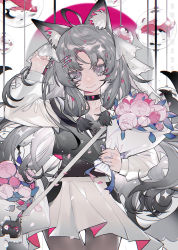 Rule 34 | 1girl, absurdres, ahoge, animal ears, bag, black collar, black pantyhose, black shirt, bouquet, closed mouth, collar, collarbone, commentary, cowboy shot, falling petals, fish, flower, goldfish, grey eyes, grey hair, hair ornament, hairclip, hand up, highres, holding, holding bouquet, leaf, long hair, long sleeves, looking at viewer, original, pantyhose, petals, pink flower, pink rose, rose, shirt, shoulder bag, skirt, smile, solo, symbol-only commentary, taowu (20809), white background, white skirt, white sleeves, wolf ears