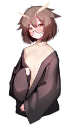 Rule 34 | 1girl, absurdres, arknights, beudelb, black jacket, blush, brown hair, brown sweater, feather hair, highres, jacket, looking at viewer, open clothes, open jacket, owl ears, semi-rimless eyewear, short hair, silence (arknights), simple background, solo, sweater, under-rim eyewear, upper body, white background, yellow eyes