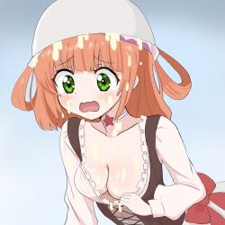 Rule 34 | 1girl, blush, bowl, breasts, cleavage, cleavage reach, downblouse, frills, gradient background, green eyes, highres, long hair, medium breasts, no bra, open mouth, orange hair, princess connect!, rino (princess connect!), simple background, solo, spill, suggestive fluid, tears, tekisui, upper body