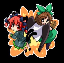 Rule 34 | 2girls, animal ears, bow, braid, brown hair, cape, cat ears, cat girl, cat tail, eromame, female focus, hair bow, kaenbyou rin, lowres, multiple girls, multiple tails, red eyes, red hair, reiuji utsuho, tail, touhou, transparent background, twin braids, wings