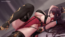Rule 34 | 1girl, aztodio, beidou (genshin impact), black thighhighs, blush, boots, breasts, breasts out, brown hair, clothes pull, colored eyepatch, dress, dress pull, eyepatch, genshin impact, hair ornament, hairpin, highres, large breasts, long hair, open mouth, pelvic curtain, red dress, red eyes, smile, solo, thigh boots, thighhighs, thighs