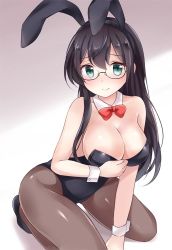 Rule 34 | 1girl, alternate breast size, alternate costume, animal ears, between legs, black hair, black leotard, blue eyes, blush, breasts, cleavage, collarbone, detached collar, fake animal ears, fake tail, from above, gradient background, hand between legs, kantai collection, kneeling, large breasts, leotard, long hair, looking at viewer, nikoo, ooyodo (kancolle), pantyhose, playboy bunny, rabbit ears, smile, solo, tail, wrist cuffs