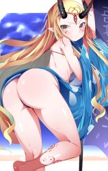 Rule 34 | 1girl, ass, ass focus, bare shoulders, barefoot, bikini, black bikini, blonde hair, blue kimono, buta (uhoiiotoko), closed mouth, commentary request, facial mark, fate/grand order, fate (series), feet out of frame, forehead mark, highres, horns, ibaraki douji (fate), ibaraki douji (fate/grand order), ibaraki douji (swimsuit lancer) (fate), ibaraki douji (swimsuit lancer) (first ascension) (fate), japanese clothes, kimono, unworn kimono, long hair, looking at viewer, looking back, oni horns, pointy ears, shiny skin, smile, solo, swimsuit, tattoo, very long hair, yellow eyes