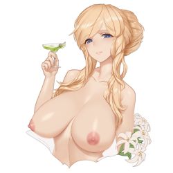 Rule 34 | 1girl, blonde hair, blue eyes, blush, breasts, bright pupils, character request, chinese commentary, collarbone, commentary request, completely nude, cropped torso, cup, drink, drinking glass, flower, hair bun, highres, holding, holding cup, large breasts, lily (flower), long hair, nipples, nude, olive, parted lips, qingmingtongzi, sidelocks, simple background, single hair bun, smile, solo, swept bangs, warship girls r, white background, white flower