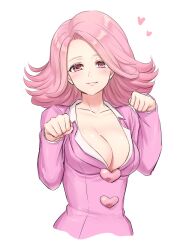 Rule 34 | 1girl, absurdres, ace attorney, april may, breasts, cleavage, closed mouth, collarbone, haniwa (8241427), heart, highres, jacket, large breasts, long sleeves, looking at viewer, medium hair, paw pose, pink eyes, pink hair, pink jacket, smile, solo, upper body, white background