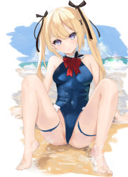 Rule 34 | 1girl, absurdres, azur lane, bad id, bad pixiv id, bare shoulders, barefoot, black ribbon, blonde hair, blue eyes, blush, bow, bowtie, breasts, casual one-piece swimsuit, dead or alive, frilled swimsuit, frills, hair between eyes, hair ornament, highres, long hair, looking at viewer, marie rose, nina (pixiv31869672), one-piece swimsuit, red bow, red neckwear, ribbon, sitting, small breasts, smile, swimsuit, thigh strap, twintails, very long hair, white background, x hair ornament