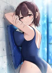 Rule 34 | 1girl, absurdres, blue one-piece swimsuit, blush, breast press, breasts, brown eyes, brown hair, closed mouth, colored eyelashes, enma daio, fingernails, highres, large breasts, long fingernails, looking at viewer, lying, on stomach, one-piece swimsuit, original, puddle, school swimsuit, short hair, sideways, smile, solo, swimsuit, wet, wet clothes, wet swimsuit