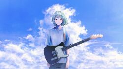 Rule 34 | 1other, ambiguous gender, androgynous, black eyes, black shorts, blue hair, blue shirt, closed mouth, cloud, cloudy sky, commentary, cowboy shot, electric guitar, fracoco, gender request, guitar, highres, instrument, looking at viewer, original, shirt, short hair, short sleeves, shorts, signature, sky, solo