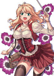 Rule 34 | 1girl, :d, bag, black thighhighs, blonde hair, breasts, caroline, cleavage, corset, flower, frilled skirt, frills, green eyes, handbag, highres, jewelry, large breasts, long hair, necklace, open mouth, pointer, puffy sleeves, skirt, smile, solo, soo-hyon lee, thighhighs, unbalance unbalance, unbalance x unbalance, wand, watch, wristwatch