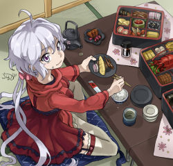 Rule 34 | 10s, 1girl, ahoge, architecture, bento, bowl, chopsticks, crossed legs, cushion, dress, east asian architecture, eating, food, food on face, frilled thighhighs, frills, garter straps, hair ornament, hair scrunchie, japanese house, lobster, long hair, looking at viewer, low-tied long hair, plate, purple eyes, red dress, rice, rice on face, scrunchie, senki zesshou symphogear, silver hair, sitting, solo, table, tablecloth, tea, thighhighs, twintails, tyuga, very long hair, white thighhighs, yukine chris