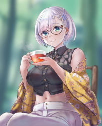 Rule 34 | 1girl, absurdres, black shirt, blouse, blush, braid, braided bangs, breasts, collared shirt, cropped shirt, cup, feather hair ornament, feathers, glasses, green eyes, hair behind ear, hair ornament, highres, holding, holding cup, hololive, hololive indonesia, medium breasts, nail polish, navel, official alternate costume, pants, parted lips, pavolia reine, procreate (medium), shawl, shirt, short hair, silver hair, sitting, sleeveless, sleeveless shirt, smile, solo, tea, teacup, virtual youtuber, white pants, yellow shawl, yujin (kanouyuuto-0423)