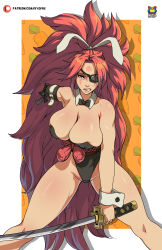 Rule 34 | 1girl, absurdres, amputee, animal ears, baiken, bare legs, big hair, black leotard, breasts, bursting breasts, carrot, carrot background, cleavage, detached collar, eyepatch, facepaint, fake animal ears, guilty gear, highres, holding, holding sword, holding weapon, kyoffie, large breasts, leotard, missing limb, playboy bunny, rabbit ears, red eyes, red hair, scar, scar across eye, scar on face, skindentation, solo, sword, weapon