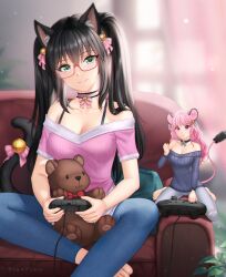 Rule 34 | 2girls, :t, animal ears, bare shoulders, barefoot, black choker, black hair, blue sweater, blurry, blurry background, bra strap, breasts, cat ears, cat tail, choker, cleavage, commentary, commission, controller, couch, denim, feet out of frame, game controller, gigamessy, glasses, green eyes, grey pants, grin, head tilt, highres, holding, holding controller, holding game controller, indoors, jeans, large breasts, leggings, long hair, looking at viewer, mini person, minigirl, mouse ears, mouse tail, multiple girls, off-shoulder shirt, off-shoulder sweater, off shoulder, original, pants, pink-framed eyewear, pink choker, pink hair, pink shirt, ribbed sweater, shirt, short sleeves, sitting, smile, stuffed animal, stuffed toy, sweater, tail, teddy bear, twintails, very long hair, wariza