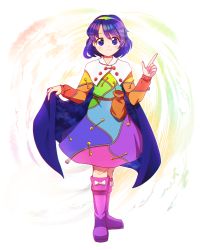 Rule 34 | 1girl, :3, abstract background, absurdres, arms up, bag, blue eyes, blue hair, blush, boots, cape, cape lift, cloud print, commentary, dress, dungeon toaster, full body, hairband, highres, knee boots, long sleeves, looking at viewer, multicolored clothes, multicolored dress, multicolored hairband, patchwork clothes, pointing, pointing up, purple footwear, rainbow gradient, sash, short hair, solo, spiral background, standing, tenkyuu chimata, touhou