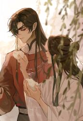 Rule 34 | 2boys, ^ ^, bishounen, black hair, blurry, blurry foreground, braid, butterfly necklace, chinese clothes, closed eyes, eyelashes, eyepatch, fingernails, food, food request, hair bun, hair ornament, hand up, hanfu, highres, holding, holding food, hua cheng, jewelry, long hair, long sleeves, looking at another, male focus, mandarin collar, multiple boys, necklace, one eye covered, open mouth, parted bangs, parted lips, robe, shirt, side braid, sidelocks, single braid, single hair bun, smile, tantanmokou, tianguan cifu, white background, white robe, wide sleeves, xie lian