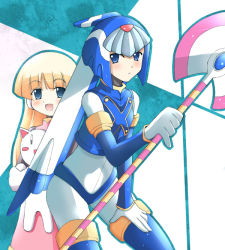 Rule 34 | 2girls, alouette (mega man), android, aoyama sou, blonde hair, blue eyes, blunt bangs, blush, female focus, hand on thigh, helmet, holding, holding weapon, leaning forward, fairy leviathan (mega man), long hair, mega man (series), mega man zero (series), multiple girls, open mouth, polearm, smile, spear, stuffed animal, stuffed cat, stuffed toy, thighhighs, weapon