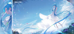 Rule 34 | 1girl, absurdly long hair, absurdres, bare arms, blue eyes, blue hair, blue sky, character name, closed mouth, commentary, day, dress, floating hair, hatsune miku, highres, jie xiaoming, long hair, outdoors, profile, see-through silhouette, sky, sleeveless, sleeveless dress, solo, sparkle, twintails, very long hair, vocaloid, white dress