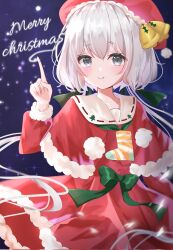 Rule 34 | 1girl, aliciadoll, blue eyes, capelet, christmas, christmas stocking, closed mouth, commentary, cursive, dress, finger writing, fur-trimmed capelet, fur-trimmed dress, fur trim, green ribbon, hair ribbon, hat, hat bell, highres, konno junko, long hair, looking at viewer, low twintails, medium dress, merry christmas, neck ribbon, night, outdoors, red capelet, red hat, ribbon, santa dress, santa hat, smile, snowing, solo, standing, twintails, white hair, wind, zombie land saga