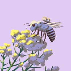 Rule 34 | absurdres, animal focus, avogado6, bee, bug, flower, from side, highres, insect, no humans, non-humanoid robot, original, pink background, robot, robot animal, simple background, winding key