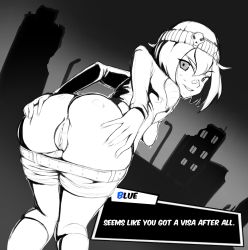 Rule 34 | 1girl, anus, ass, beanie, blue (genokids), breasts, clothes pull, drawfag, english text, genokids, hat, highres, medium breasts, monochrome, presenting, pussy, short hair, shorts, shorts pull, thighhighs
