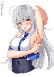 Rule 34 | 1girl, ahoge, arm under breasts, arm up, armpit crease, armpits, bare shoulders, blue necktie, blush, breast hold, breasts, cleavage, collared shirt, cowboy shot, ebifurya, grey eyes, highres, kantai collection, large breasts, long hair, looking at viewer, necktie, open mouth, presenting armpit, shirt, sideboob, silver hair, simple background, sleeveless, sleeveless shirt, solo, twitter username, washington (kancolle), white background, white shirt