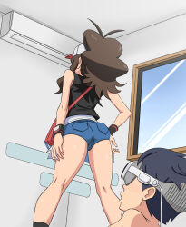 Rule 34 | 1boy, 1girl, absurdres, air conditioner, ass, bag, baseball cap, black hair, black socks, black vest, blue shorts, blush, brown hair, cameltoe, commentary request, creatures (company), exposed pocket, game freak, hand on own hip, hat, head-mounted display, high ponytail, highres, hilda (pokemon), indoors, kneepits, legs, long hair, looking at another, miraa (chikurin), nintendo, open mouth, pervert, pokemon, pokemon bw, pokemon masters ex, shirt, short hair, short shorts, shorts, shoulder bag, sidelocks, socks, vest, white shirt, window, wristband