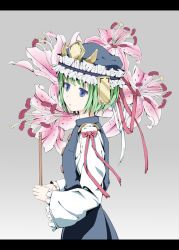 Rule 34 | 1girl, blue eyes, female focus, flower, frills, gradient background, green hair, grey background, hat, letterboxed, lily (flower), oumi (rsag), rod of remorse, ryomo, shiki eiki, short hair, simple background, solo, touhou, wide sleeves