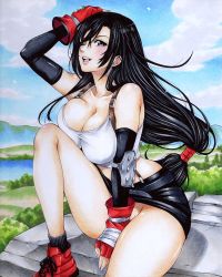 Rule 34 | 1girl, absurdres, black hair, breasts, cleavage, clothes lift, covering crotch, covering privates, female focus, final fantasy, final fantasy vii, hand on own head, highres, hmdark-9, large breasts, long hair, marker (medium), miniskirt, no panties, outdoors, pencil skirt, scenery, shirt, sitting, skirt, solo, suspender skirt, suspenders, taut clothes, taut shirt, thighs, tifa lockhart, traditional media