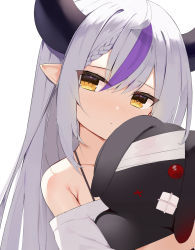 Rule 34 | 1girl, :t, armpit crease, bare shoulders, bra strap, braid, closed mouth, demon horns, hugging doll, hair between eyes, highres, hololive, horns, la+ darknesss, long hair, looking at viewer, multicolored hair, hugging object, off shoulder, pointy ears, pout, simple background, solo, streaked hair, upper body, virtual youtuber, white background, white hair, yellow eyes, zhiyou ruozhe