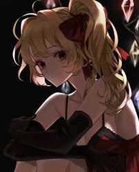 Rule 34 | 1girl, absurdres, ahoge, alternate breast size, arms on knees, bare shoulders, black background, blonde hair, blurry, bow, breasts, cleavage, closed mouth, collarbone, commentary, crystal, depth of field, dress, elbow gloves, expressionless, eyelashes, eyes visible through hair, flandre scarlet, gloves, hair bow, hair intakes, highres, knees up, looking at viewer, medium breasts, mell (dmwe3537), no headwear, one side up, red bow, red dress, short hair, simple background, sleeveless, solo, symbol-only commentary, touhou, upper body, wings